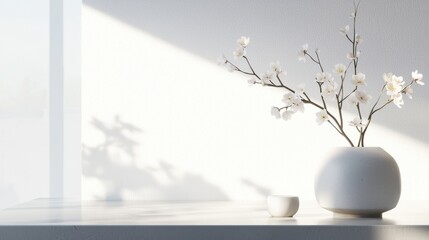Elegant cherry blossom branches decorated in minimalist space modern aesthetic natural light serene atmosphere