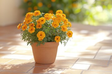 Timeless floral decor with marigolds in terracotta pot lush garden setting nature vibrant backdrop