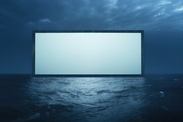 Blank Illuminated Billboard in the Middle of the Ocean - Water and Sky on the Horizon