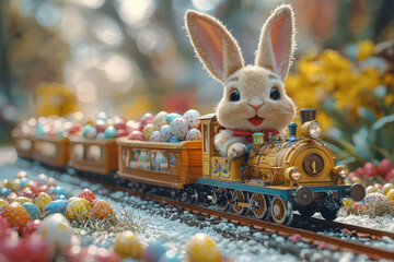 A Easter Bunny operating a miniature train, its carriages filled with eggs