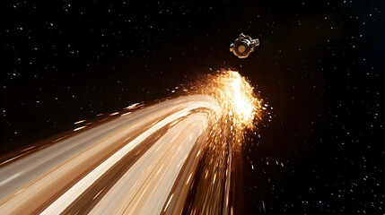 Spacecraft trails fiery path through cosmos.