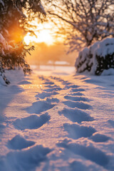 Snow-covered trail leading through a quiet forest with footprints in the snow