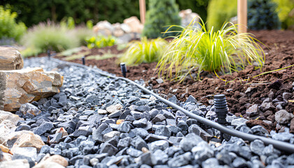 Professional Landscaper Installing Drip Irrigation System in a Newly Developed Modern Rockery Garden. Landscaping and Gardening Technologies