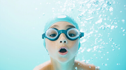 Naklejka premium A child at the swimming pool in a swim cap and goggles