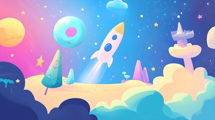 A whimsical illustration of a rocket launching into space amidst colorful planets and clouds.