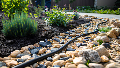 Professional Landscaper Installing Drip Irrigation System in a Newly Developed Modern Rockery Garden. Landscaping and Gardening Technologies