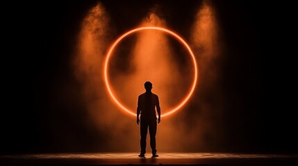 Obraz premium Silhouetted man stands before a glowing orange ring on a dark stage with smoky lighting.