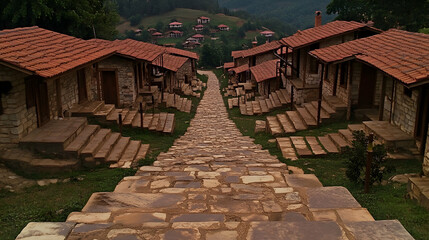 Stone staircase leads to a village of traditional houses nestled in a hillside.