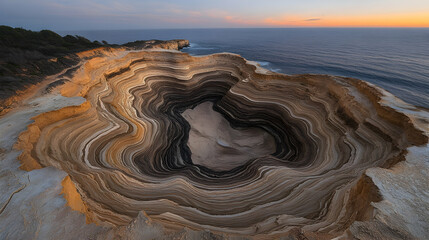 Stunning aerial view of coastal erosion revealing layered sandstone formations at sunset.