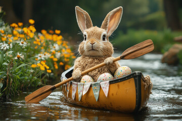A  Easter Bunny paddling a small canoe