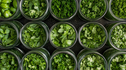 Obraz premium Assorted fresh herbs in glass jars.