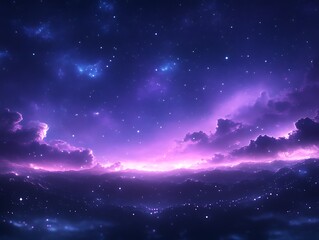 Purple Sky Night Landscape With Stars And Clouds