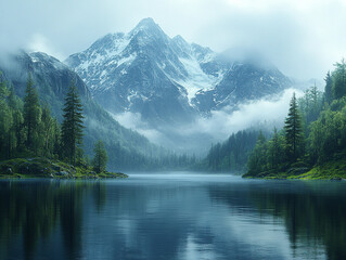 Fototapeta premium Serene Lake and Majestic Snow-Capped Mountains