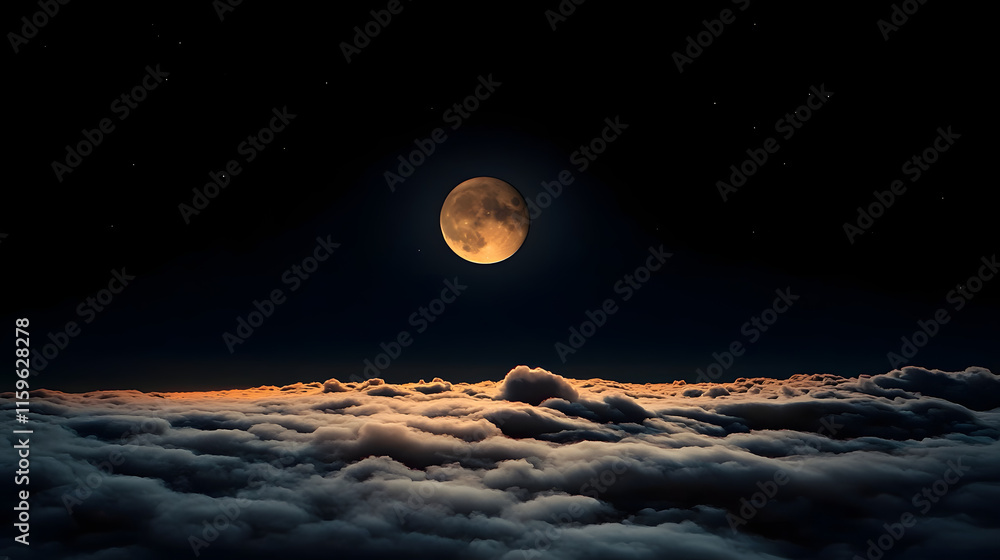 Poster full moon shining brightly in a dark night sky above a layer of illuminated clouds with subtle star 