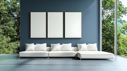 Living room mock-up with 3D illustration of a deep blue accent wall, minimalist artwork above a low-profile sofa, soft spotlights on the wall highlighting the design, natural light pouring in from