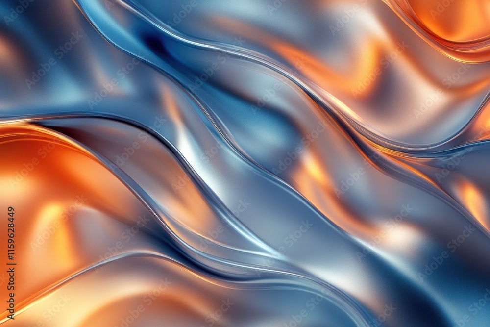 Leinwandbilder Glassy waves of blue and orange flow creating an abstract visual experience of smooth textures and colors. Generative AI