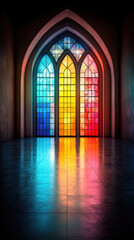 Glowing up, Glowing stained glass windows illuminate a dark cathedral, creating a mystical atmosphere captured in this stunning stock image.