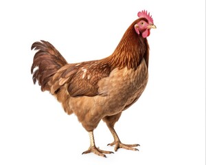 Brown Hen Standing Isolated on White Background. Full Body View of Farm Chicken - Domestic Farm Animal, Fowl for Agriculture Industry Design