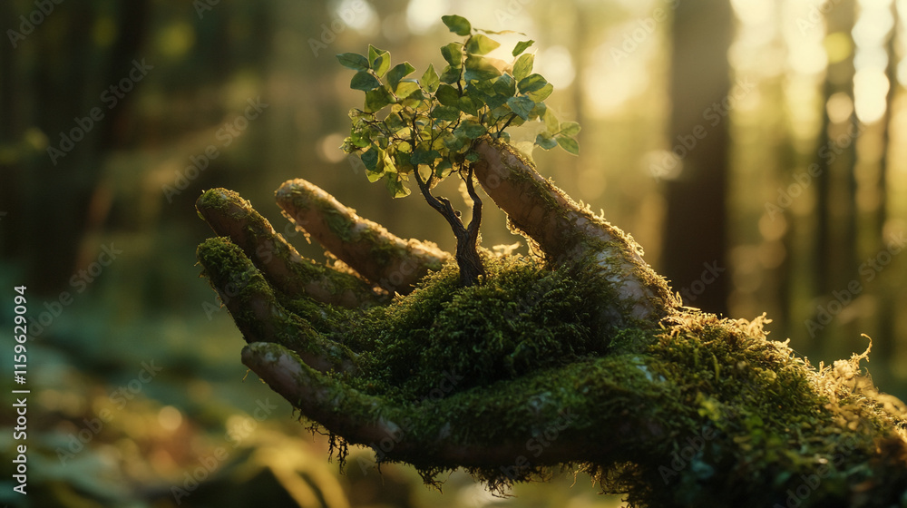 Poster Sapling held in a moss-covered hand with sunlight streaming through a forest in the background