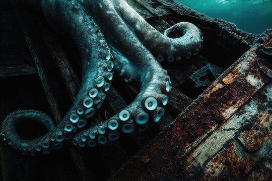 Giant squid tentacle grips sunken ship in dark ocean