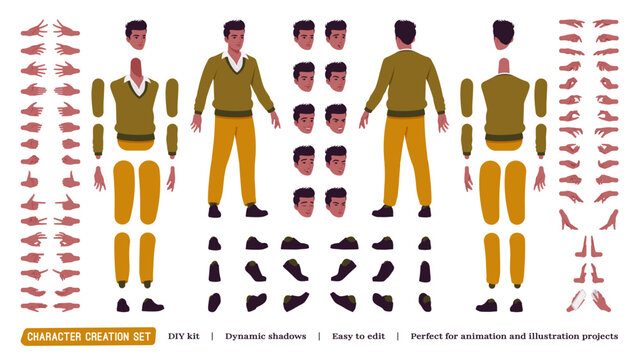 Handsome dark skin man DIY character creation set. Office casual look, athentic pakistani indian body figure parts. Head, leg, hand gestures, different emotions, construction kit. Vector illustration