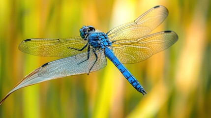 Close-up of a vibrant blue dragonfly perched on a leaf against a blurred yellow-gold background.