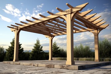 Cedar Wood Pergola Construction with Open Roof Frame and Blue Sky Background - Architectural Design for Home