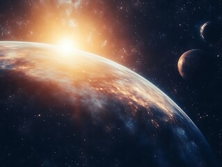 Obraz premium Planet Sunrise Cosmic Landscape Celestial Bodies