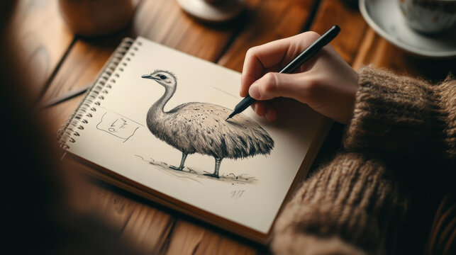 Ostrich drawn with a pen. The hand draws an ostrich in a school notebook