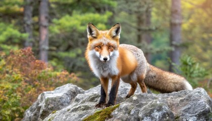 Fototapeta premium Red Fox Posing on a Rocky Outcrop in a Picturesque Woodland Clearing