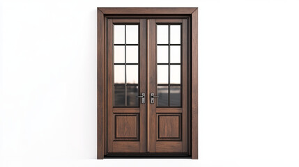 Set of closed wooden doors isolated on white background. Vector realistic illustration of modern doorway with dark brown wood texture, glass decoration, black metal doorknob, interior design element