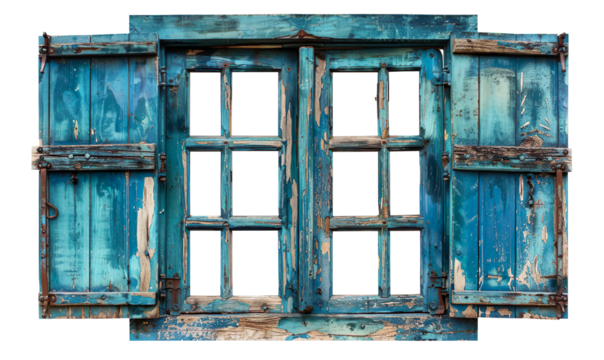 Old vintage blue wooden window on a transparent background