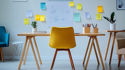 Blank whiteboard with sketches and post-it notes, well-lit workspace with cool, bright lighting, modern office space with wooden desks and comfortable chairs, light-colored walls enhancing the clean