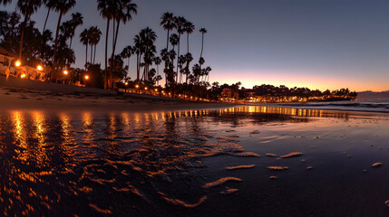 Fototapeta premium Sunset beach scene with palm trees, lights reflecting on water.