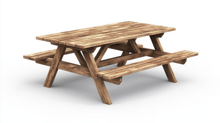 Dark wooden table for picnic with long benches on sides. Realistic 3d vector illustration set of garden furniture made of wood for barbecue or lunch outdoor. Desk with seats for camping and dining.