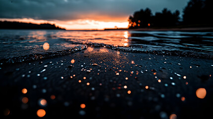 Sunset beach, water, sand, bokeh, wave.