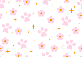 Dog paw seamless pattern cat footprint flower french bulldog kitten calico vector puppy pet cartoon doodle tile background gift wrapping paper repeat wallpaper illustration design