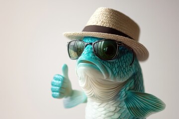 Fish with oversized sunglasses and fedora, green-blue scales, playful atmosphere