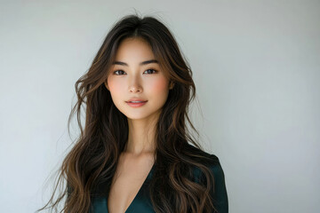 Portrait of a young Asian woman with long, dark hair, wearing a dark green dress, against a light gray background.