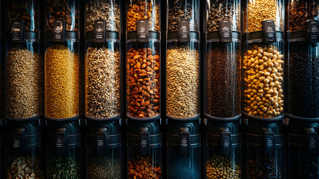 Bulk food bins filled with various nuts and seeds.