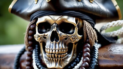 ship captain skull with hat lies on wooden table