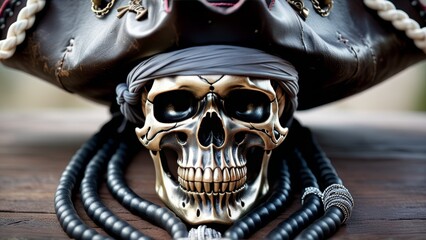 skull of ship captain in black hat close up