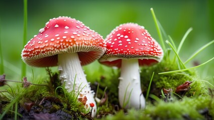 Obraz premium fly agarics stick out among the green grass of different sizes