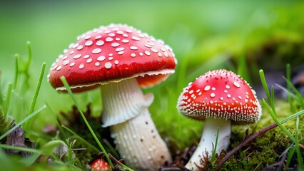 fly agarics stick out among the green grass of different sizes