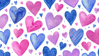 Watercolor pattern blue and pink hearts on white. Hand drawn romantic design. Valentines day