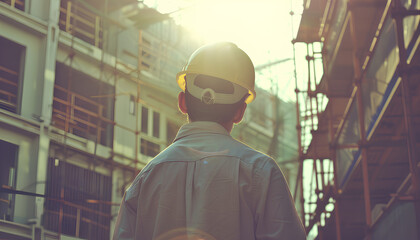 Obraz premium Worker man with safety helmet Construction building industry, new home, construction interior service concepts