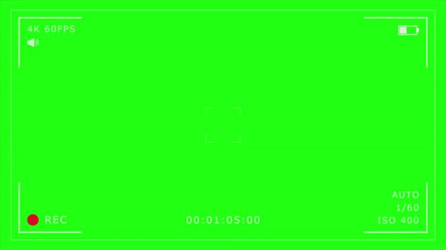 Camera recording screen overlay on green background, mirrorless cam viewfinder frame animation template, digital video recorder user interface display with setting and time data for production design