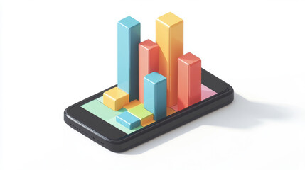 Hologram bar chart. Phone in isometric view. Hologram bar chart in isometric view. A bar chart is displayed from the phone