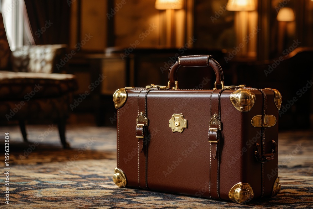 Poster luxurious leather suitcase with golden hardware placed elegantly in an upscale hotel lobby during th