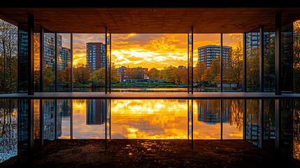 Fototapeta premium Sunset reflected in a modern building's pool, city skyline view.